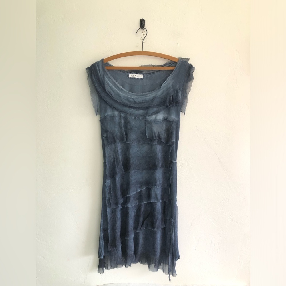Gigi Moda Italy Blue Tiered Raw Edge Fringe Silk Blend Sleeveless Midi Dress